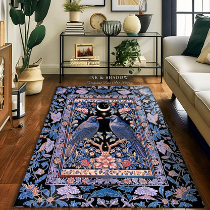 Amethyst Moon Celestial Raven Rug | Witchy Baroque Pattern Cozy Room Decor Gothic Purple Cottagecore Aesthetic Mystical Fairytale Carpet