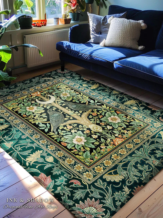 Muted Green Botanical Raven Rug | Rustic Forest Decor Baroque Celestial Accent Cottagecore Bedroom Vintage Inspired Enchanted Fairytale Boho