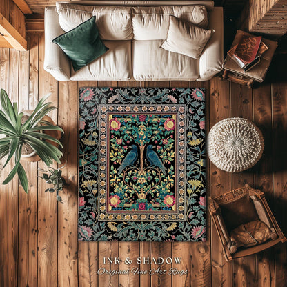Retro Floral Baroque Crow Area Rug | Antique Inspired Decor French Cottage Accent Autumnal Aesthetic Celestial Bedroom Mystical Enchanted |