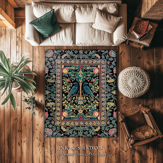 Retro Floral Baroque Crow Area Rug | Antique Inspired Decor French Cottage Accent Autumnal Aesthetic Celestial Bedroom Mystical Enchanted |
