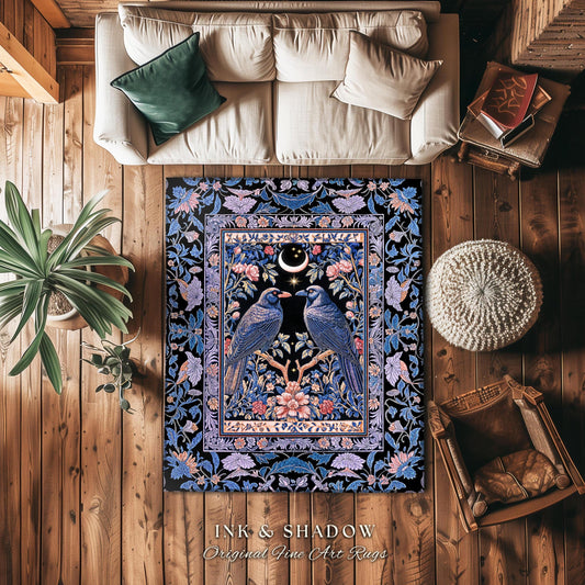 Amethyst Moon Celestial Raven Rug | Witchy Baroque Pattern Cozy Room Decor Gothic Purple Cottagecore Aesthetic Mystical Fairytale Carpet