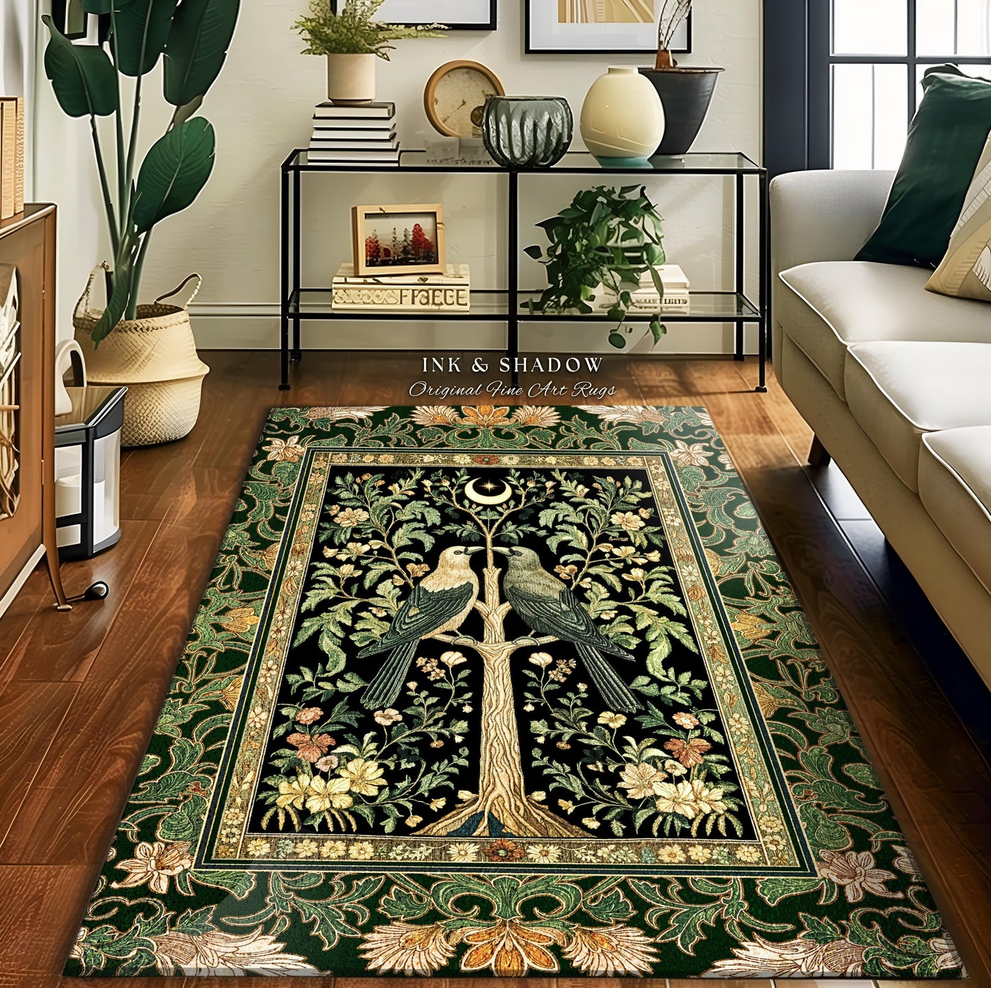 Woodland Raven Gothic Sage Area Rug | Medieval Botanical Folklore Inspired Bedroom Nature Moonlit Cottagecore Cozy Vintage Aesthetic Accent