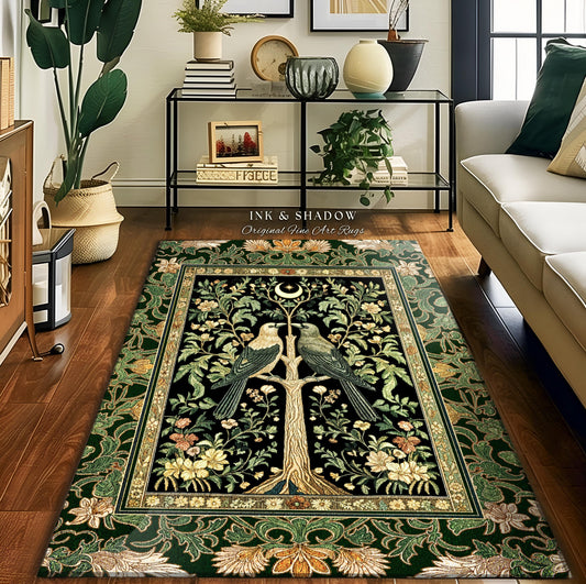 Woodland Raven Gothic Sage Area Rug | Medieval Botanical Folklore Inspired Bedroom Nature Moonlit Cottagecore Cozy Vintage Aesthetic Accent
