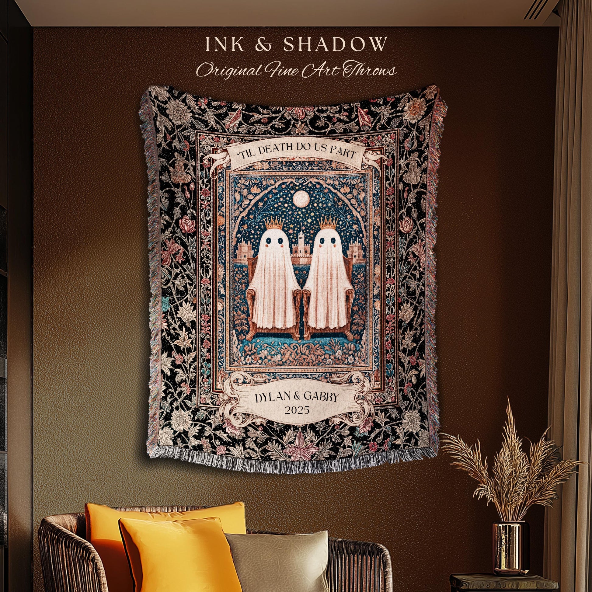 Gothic Ghost Lovers Custom Blanket | ’Til Death Do Us Part Personalized Wedding Throw Woven Ghost Gift for Partner Spooky Anniversary Decor