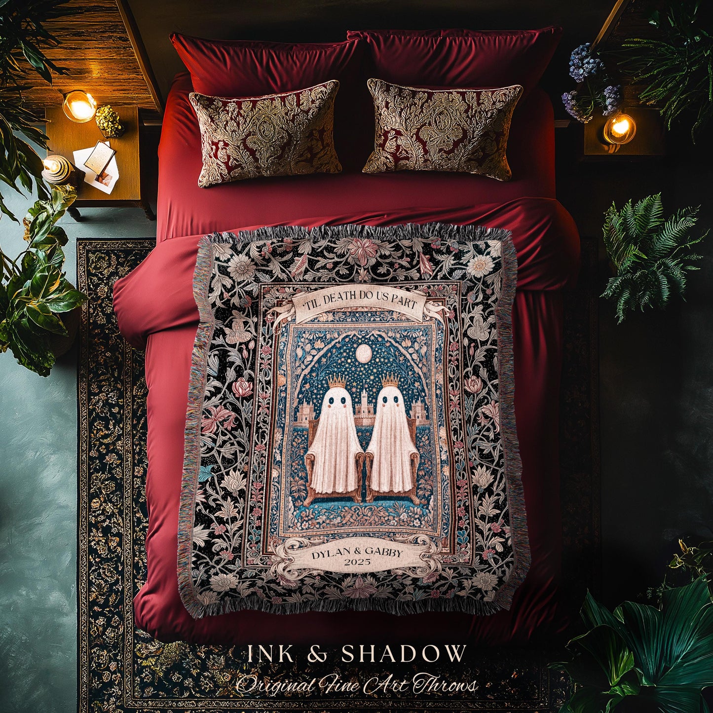 Gothic Ghost Lovers Custom Blanket | ’Til Death Do Us Part Personalized Wedding Throw Woven Ghost Gift for Partner Spooky Anniversary Decor