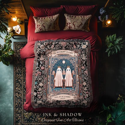 Gothic Ghost Lovers Custom Blanket | ’Til Death Do Us Part Personalized Wedding Throw Woven Ghost Gift for Partner Spooky Anniversary Decor