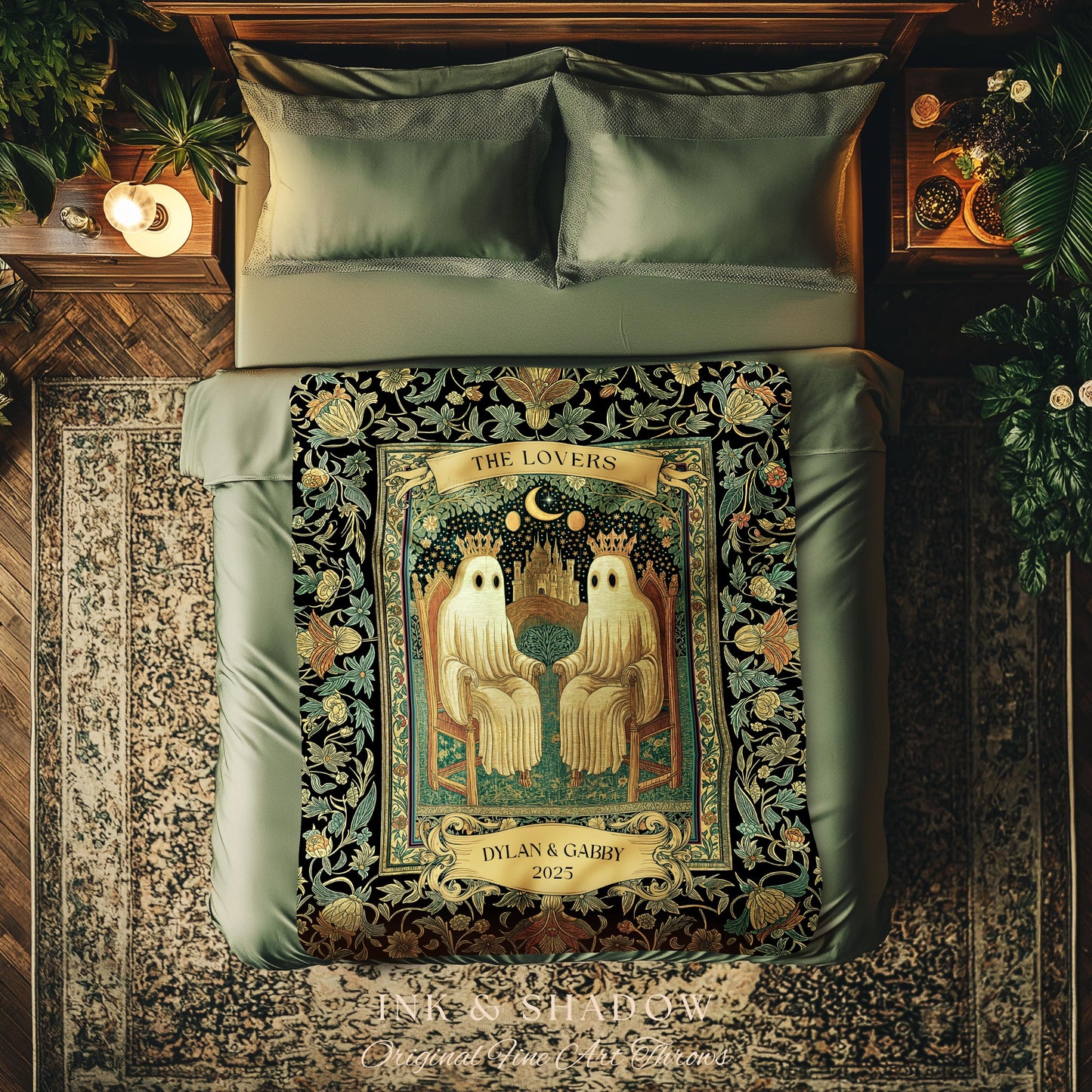 Tarot Ghost Couple ‘The Lovers’ Blanket | Personalized Gothic Woven Throw Floral Ghost Gift for Boyfriend Custom Names Anniversary Blanket |