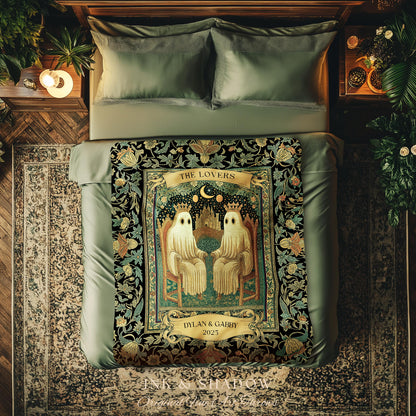 Tarot Ghost Couple ‘The Lovers’ Blanket | Personalized Gothic Woven Throw Floral Ghost Gift for Boyfriend Custom Names Anniversary Blanket |