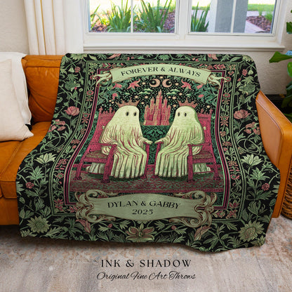 Moody Ghost Couple Personalized Blanket | Gothic Wedding Custom Woven Throw Romantic Victorian Gift for Girlfriend Witchy Anniversary Decor