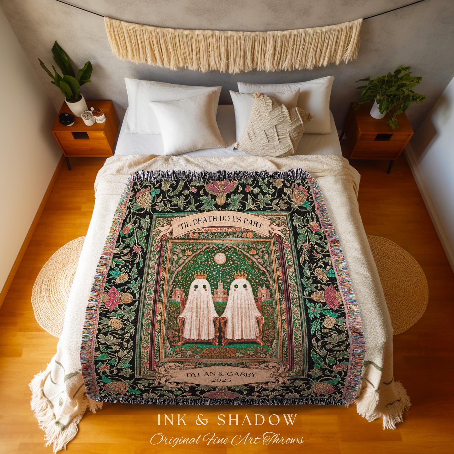 Regal Ghost Lovers Custom Blanket | ’Til Death Do Us Part Personalized Wedding Throw Woven Ghost Gift for Boyfriend Cottagecore Anniversary