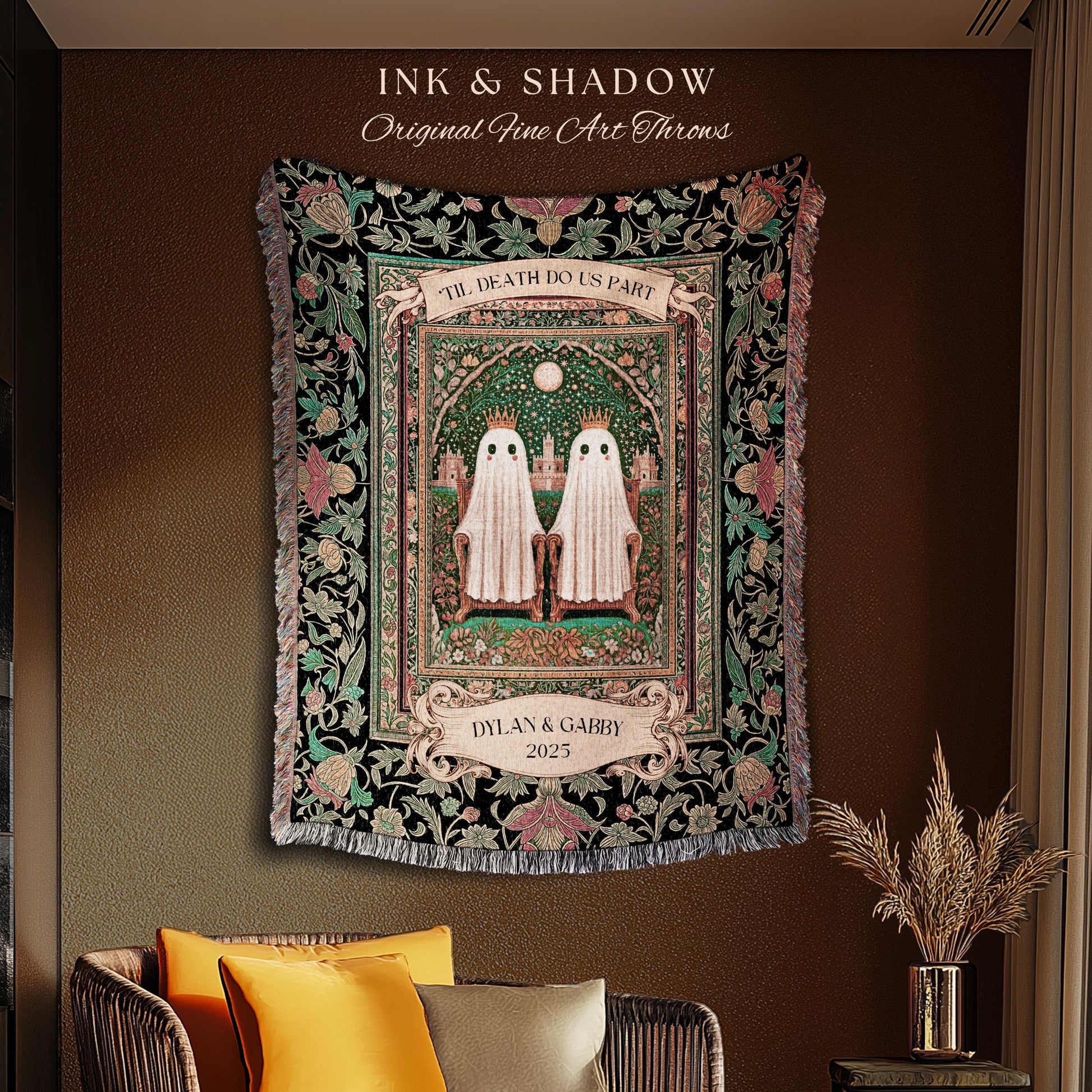Regal Ghost Lovers Custom Blanket | ’Til Death Do Us Part Personalized Wedding Throw Woven Ghost Gift for Boyfriend Cottagecore Anniversary