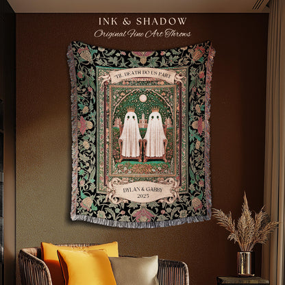 Regal Ghost Lovers Custom Blanket | ’Til Death Do Us Part Personalized Wedding Throw Woven Ghost Gift for Boyfriend Cottagecore Anniversary