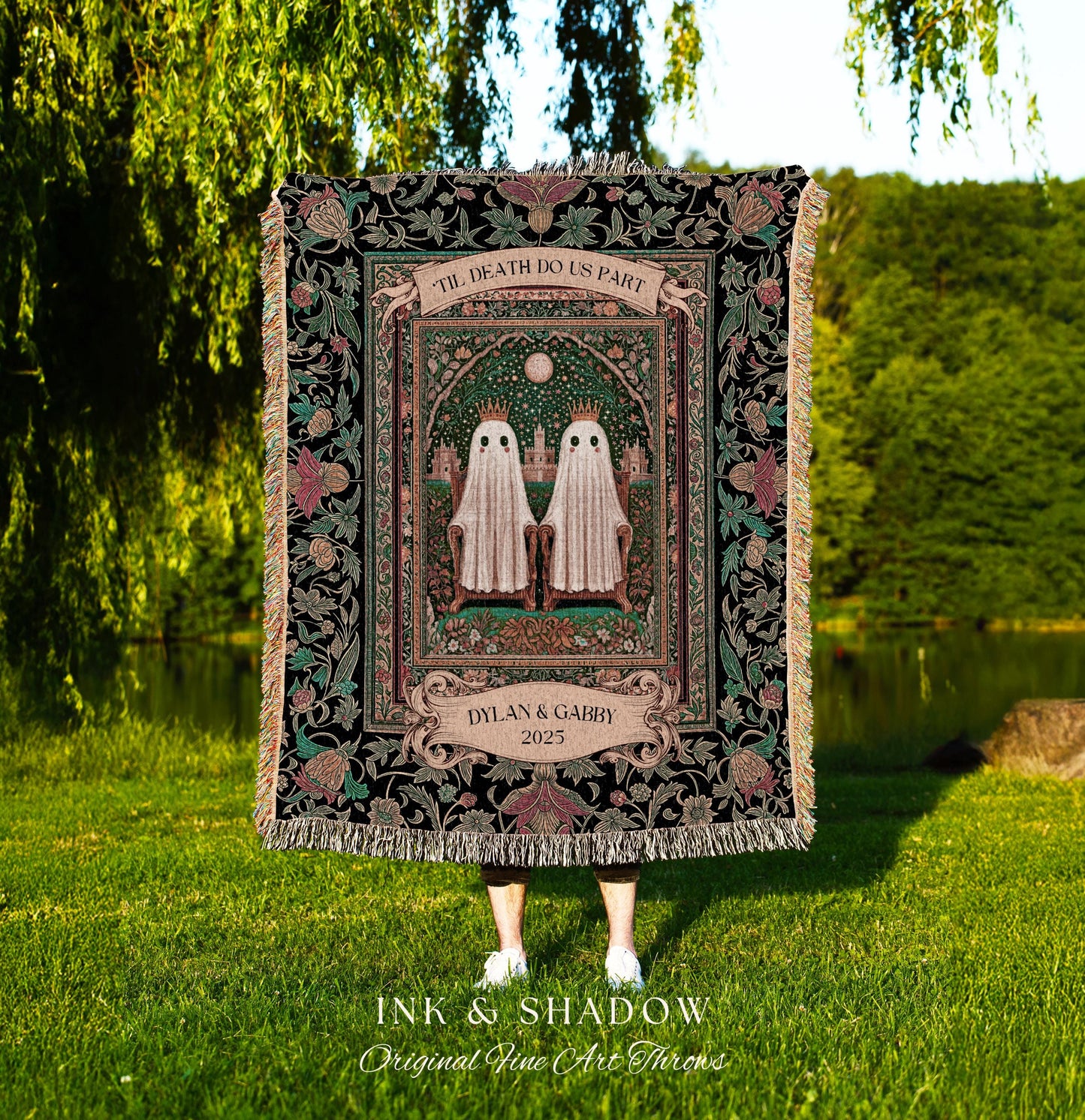 Regal Ghost Lovers Custom Blanket | ’Til Death Do Us Part Personalized Wedding Throw Woven Ghost Gift for Boyfriend Cottagecore Anniversary
