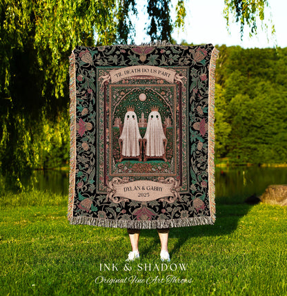 Regal Ghost Lovers Custom Blanket | ’Til Death Do Us Part Personalized Wedding Throw Woven Ghost Gift for Boyfriend Cottagecore Anniversary