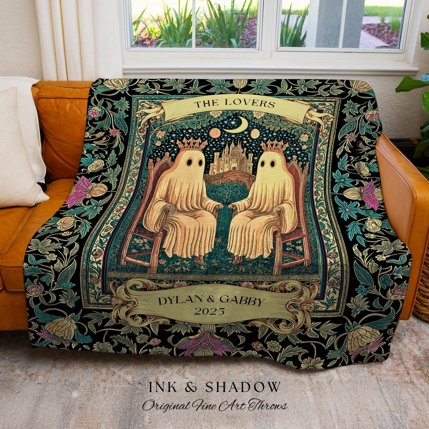 The Lovers Personalized Ghost Couple Blanket Gothic Romance Keepsake | Celestial Tarot Inspired Wedding Gift Whimsigoth Woven Tapestry Throw