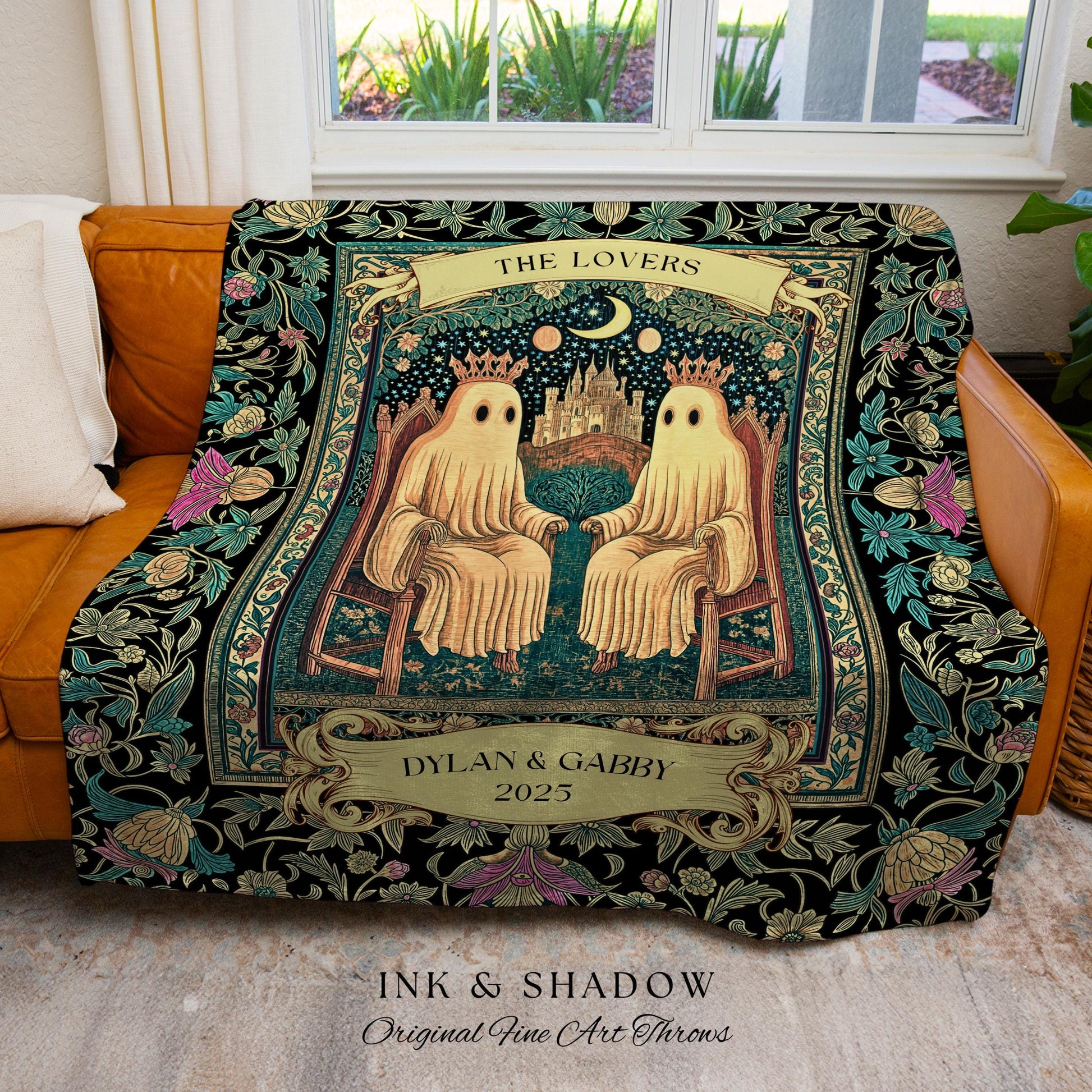 The Lovers Personalized Ghost Couple Blanket Gothic Romance Keepsake | Celestial Tarot Inspired Wedding Gift Whimsigoth Woven Tapestry Throw