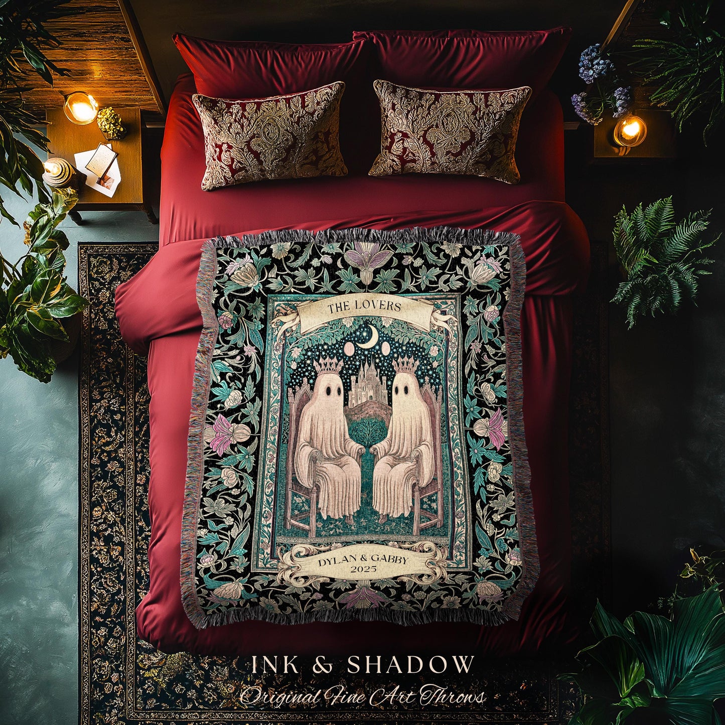 The Lovers Personalized Ghost Couple Blanket Gothic Romance Keepsake | Celestial Tarot Inspired Wedding Gift Whimsigoth Woven Tapestry Throw