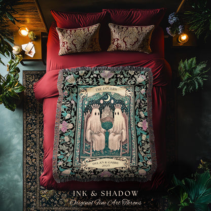 The Lovers Personalized Ghost Couple Blanket Gothic Romance Keepsake | Celestial Tarot Inspired Wedding Gift Whimsigoth Woven Tapestry Throw