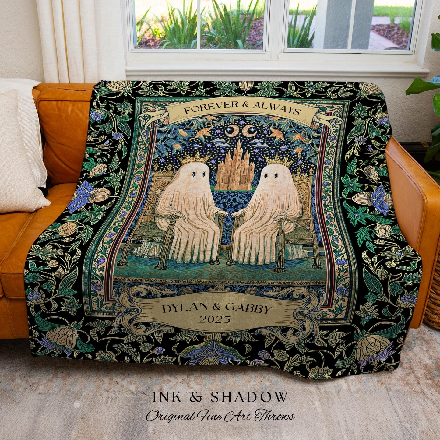 Mystical Moonlit Ghost Couple Tapestry Blanket Custom Wedding Gift Forever & Always, Celestial Storybook Romance Cute Anniversary Keepsake