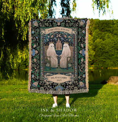 Cute Ghost Couple Personalized Blanket | Forever & Always Custom Woven Throw Whimsigoth Gift Romantic Anniversary Tapestry Sentimental Cozy