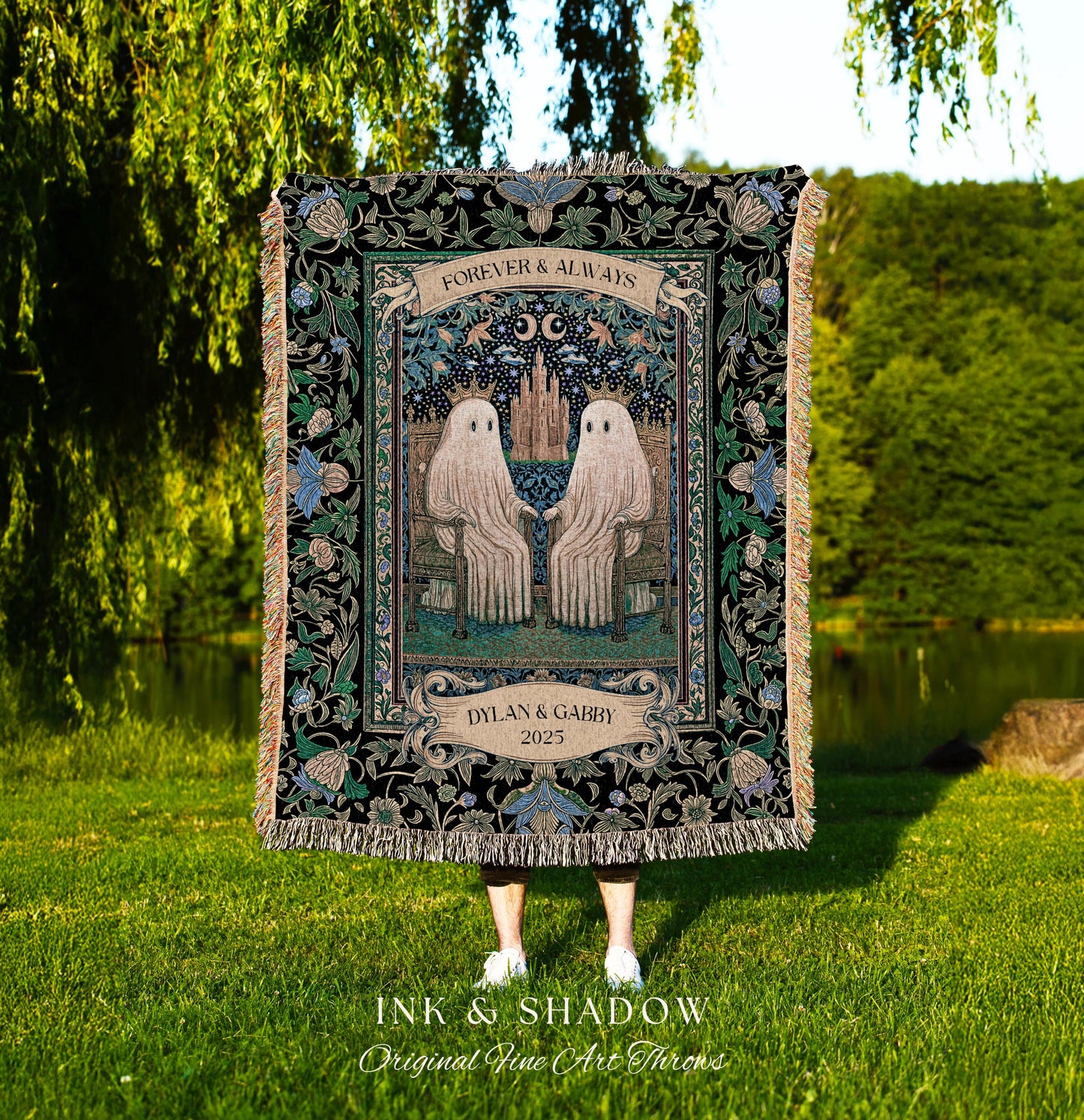 Mystical Moonlit Ghost Couple Tapestry Blanket Custom Wedding Gift Forever & Always, Celestial Storybook Romance Cute Anniversary Keepsake
