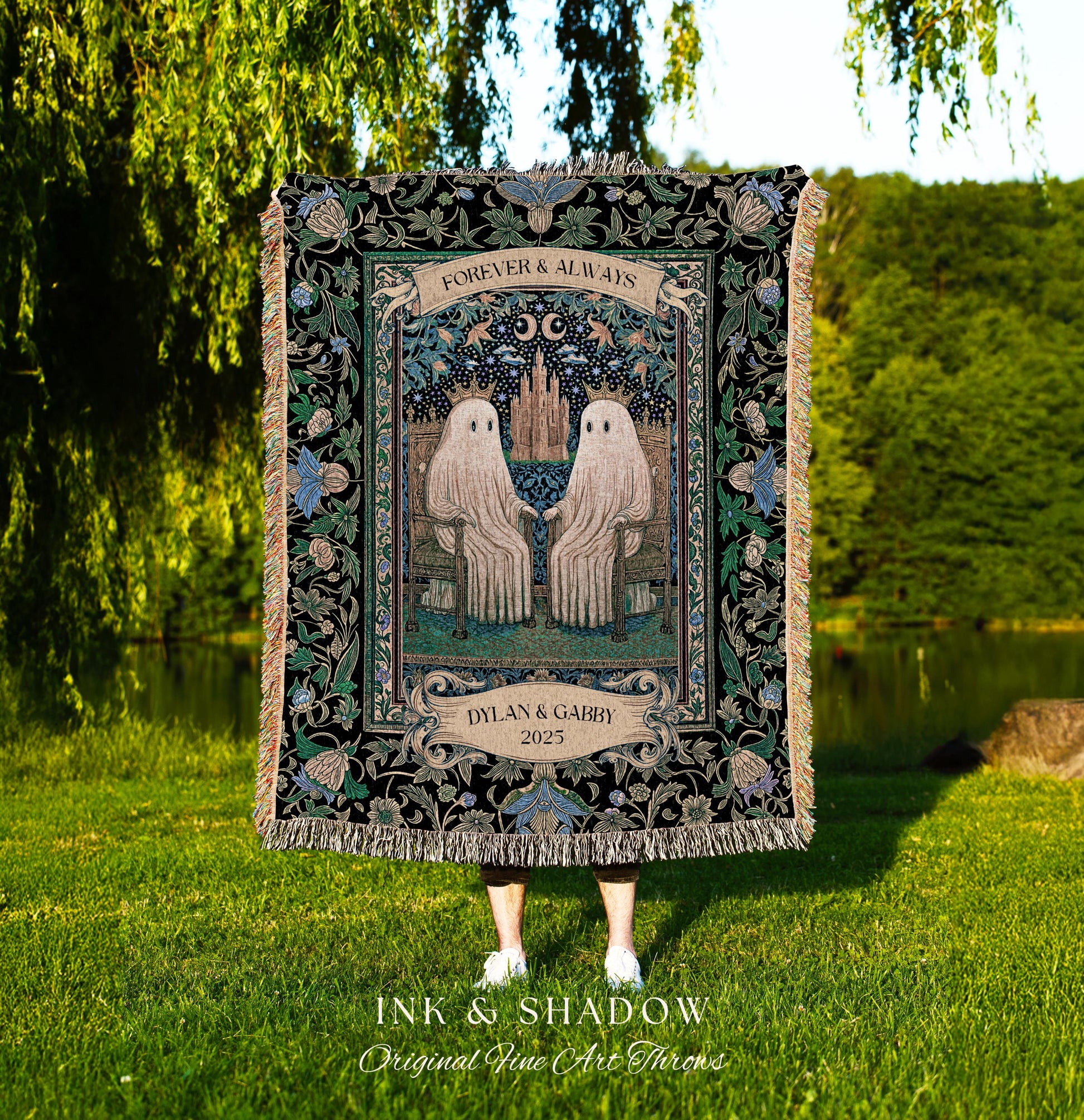 Mystical Moonlit Ghost Couple Tapestry Blanket Custom Wedding Gift Forever & Always, Celestial Storybook Romance Cute Anniversary Keepsake