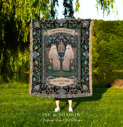 Cute Ghost Couple Personalized Blanket | Forever & Always Custom Woven Throw Whimsigoth Gift Romantic Anniversary Tapestry Sentimental Cozy
