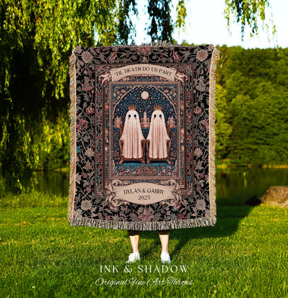 Gothic Ghost Lovers Custom Blanket | ’Til Death Do Us Part Personalized Wedding Throw Woven Ghost Gift for Partner Spooky Anniversary Decor