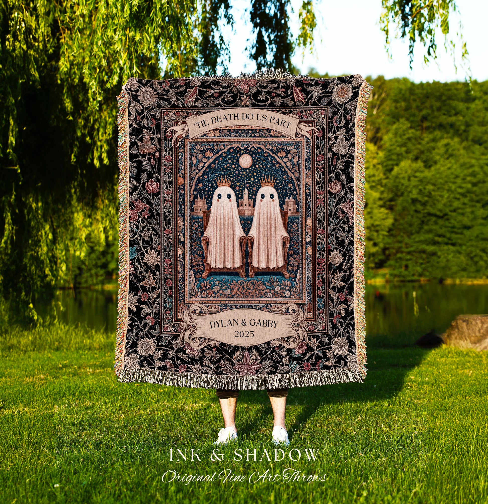 Gothic Ghost Lovers Custom Blanket | ’Til Death Do Us Part Personalized Wedding Throw Woven Ghost Gift for Partner Spooky Anniversary Decor