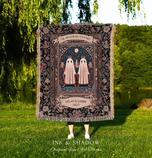 Gothic Ghost Lovers Custom Blanket | ’Til Death Do Us Part Personalized Wedding Throw Woven Ghost Gift for Partner Spooky Anniversary Decor