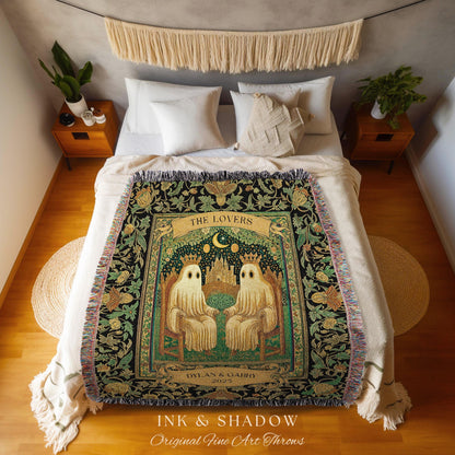 Tarot Ghost Couple ‘The Lovers’ Blanket | Personalized Gothic Woven Throw Floral Ghost Gift for Boyfriend Custom Names Anniversary Blanket |