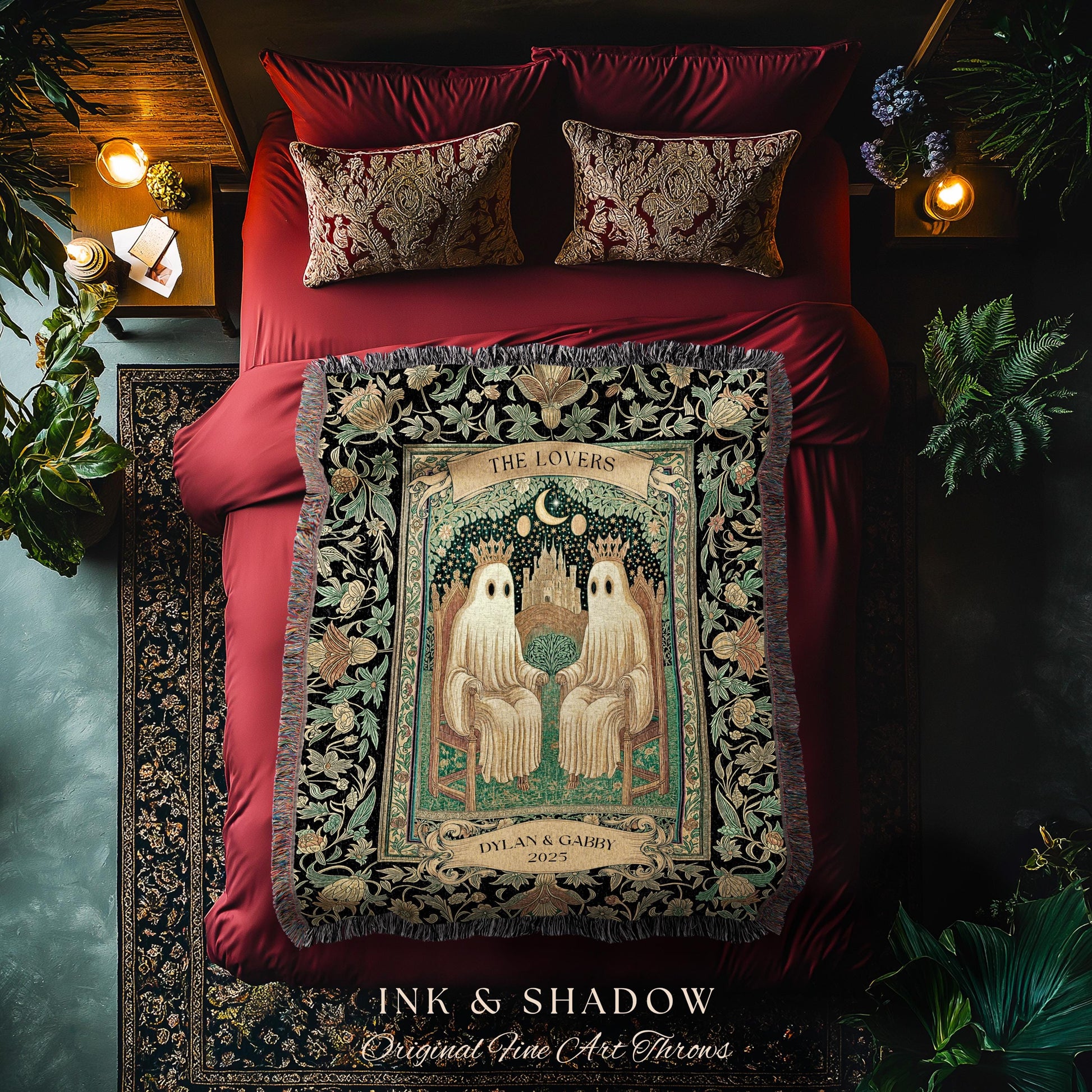 Tarot Ghost Couple ‘The Lovers’ Blanket | Personalized Gothic Woven Throw Floral Ghost Gift for Boyfriend Custom Names Anniversary Blanket |