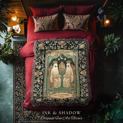 Tarot Ghost Couple ‘The Lovers’ Blanket | Personalized Gothic Woven Throw Floral Ghost Gift for Boyfriend Custom Names Anniversary Blanket |