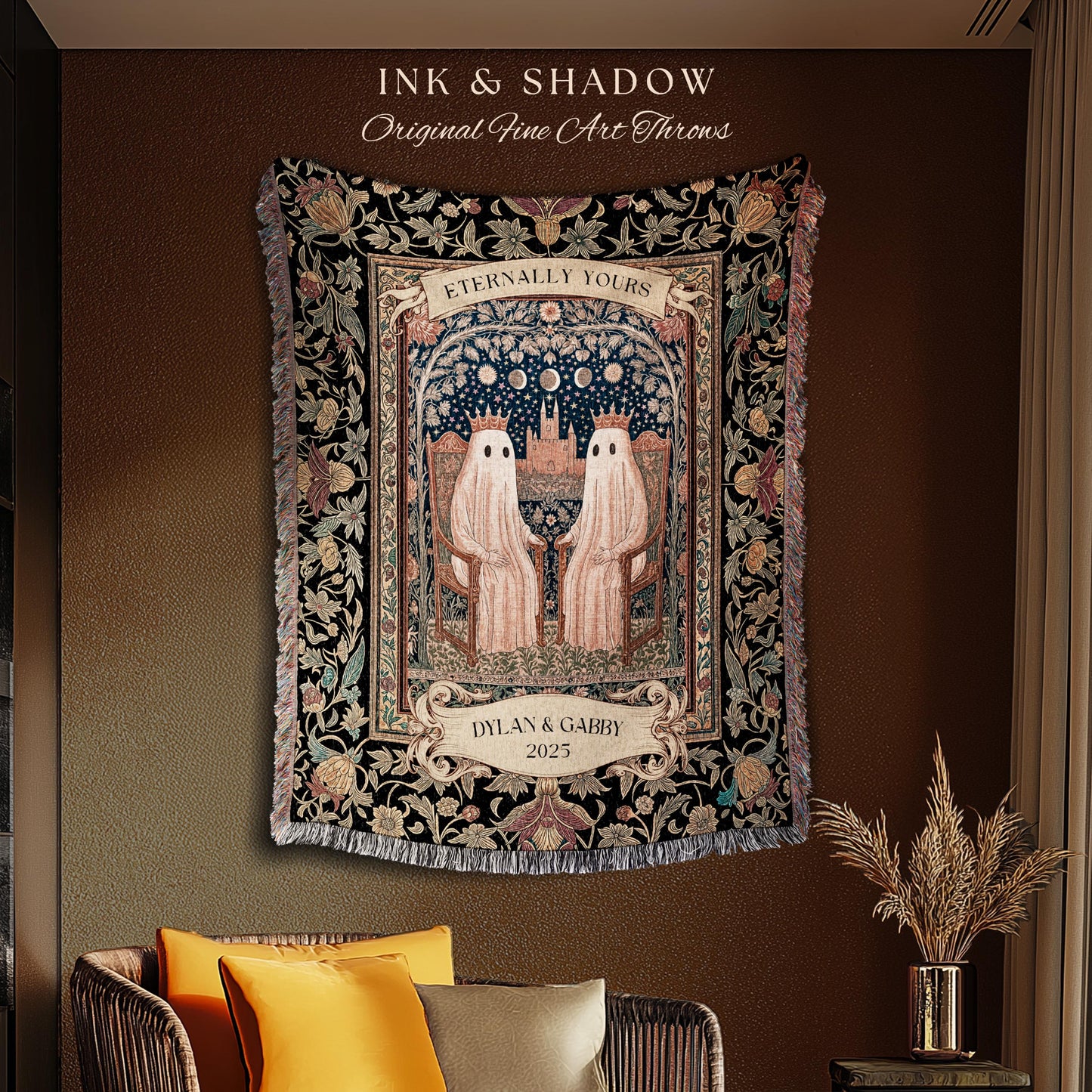 Eternally Yours Celestial Ghost Blanket | Personalized Wedding Throw Cute Gothic Couple Gift Custom Name Anniversary Tapestry Royal Castle |