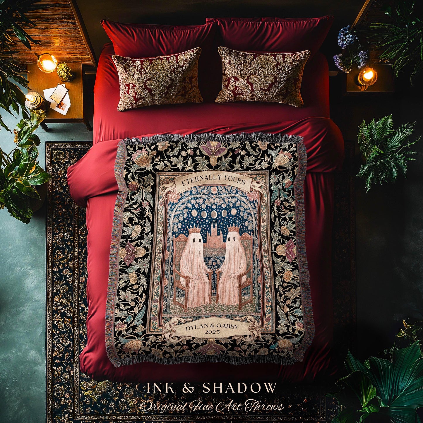 Eternally Yours Celestial Ghost Blanket | Personalized Wedding Throw Cute Gothic Couple Gift Custom Name Anniversary Tapestry Royal Castle |