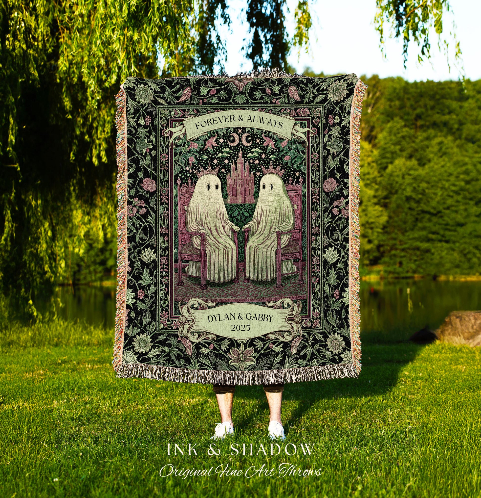 Moody Ghost Couple Personalized Blanket | Gothic Wedding Custom Woven Throw Romantic Victorian Gift for Girlfriend Witchy Anniversary Decor