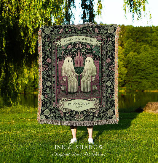 Moody Ghost Couple Personalized Blanket | Gothic Wedding Custom Woven Throw Romantic Victorian Gift for Girlfriend Witchy Anniversary Decor