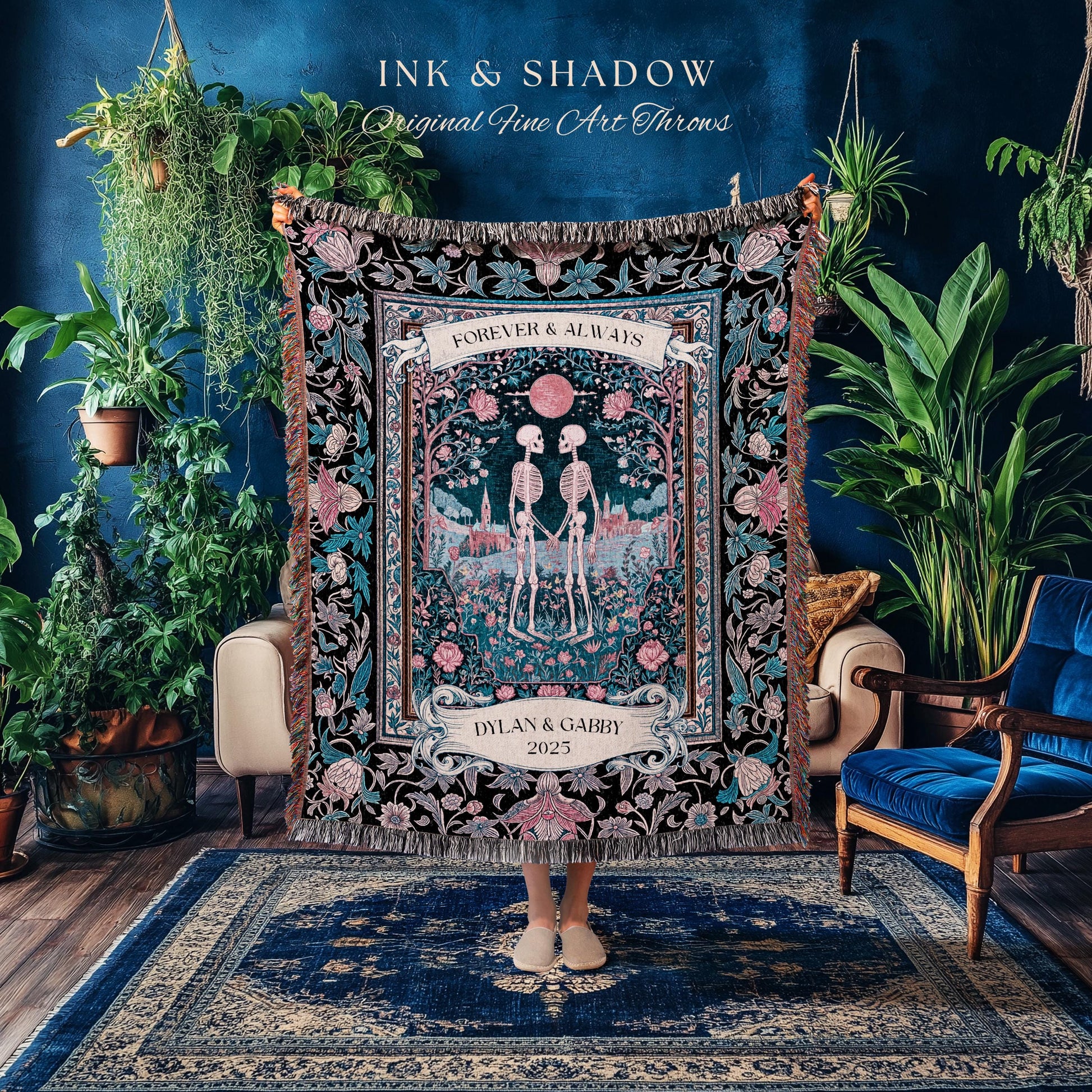 Rosy Royal Skeleton Garden Lovers Tapestry | Whimsigothic Spooky Season Anniversary Dark Academia Personalized Witchy Cottagecore Aesthetic