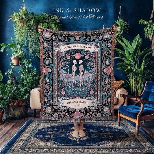 Rosy Royal Skeleton Garden Lovers Tapestry | Whimsigothic Spooky Season Anniversary Dark Academia Personalized Witchy Cottagecore Aesthetic