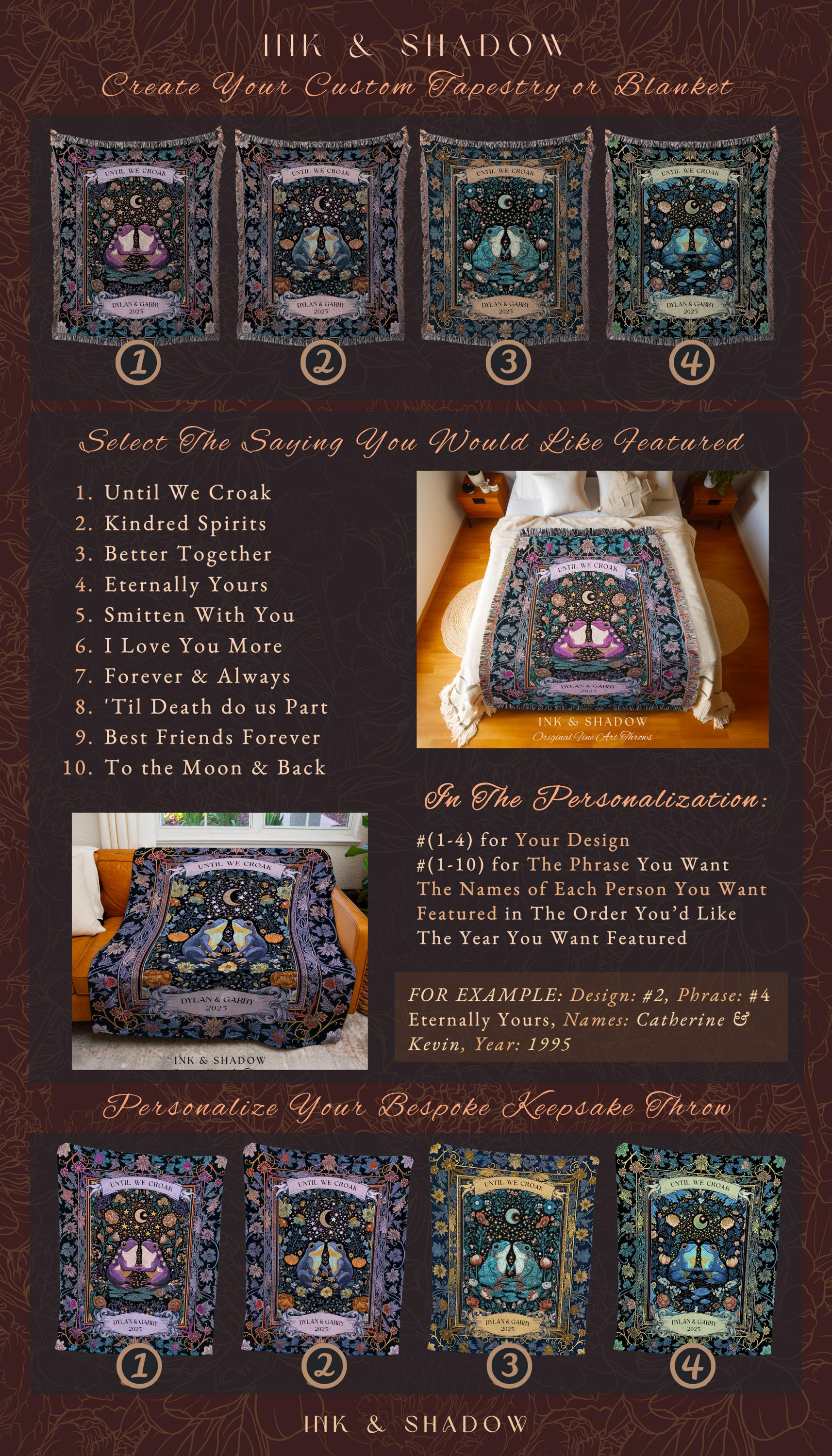 Witchy Wedding Frog Lovers Custom Throw | Enchanted Toad Mystical Cottagecore Personalized Blanket Fairycore Woodland Couple Custom Tapestry
