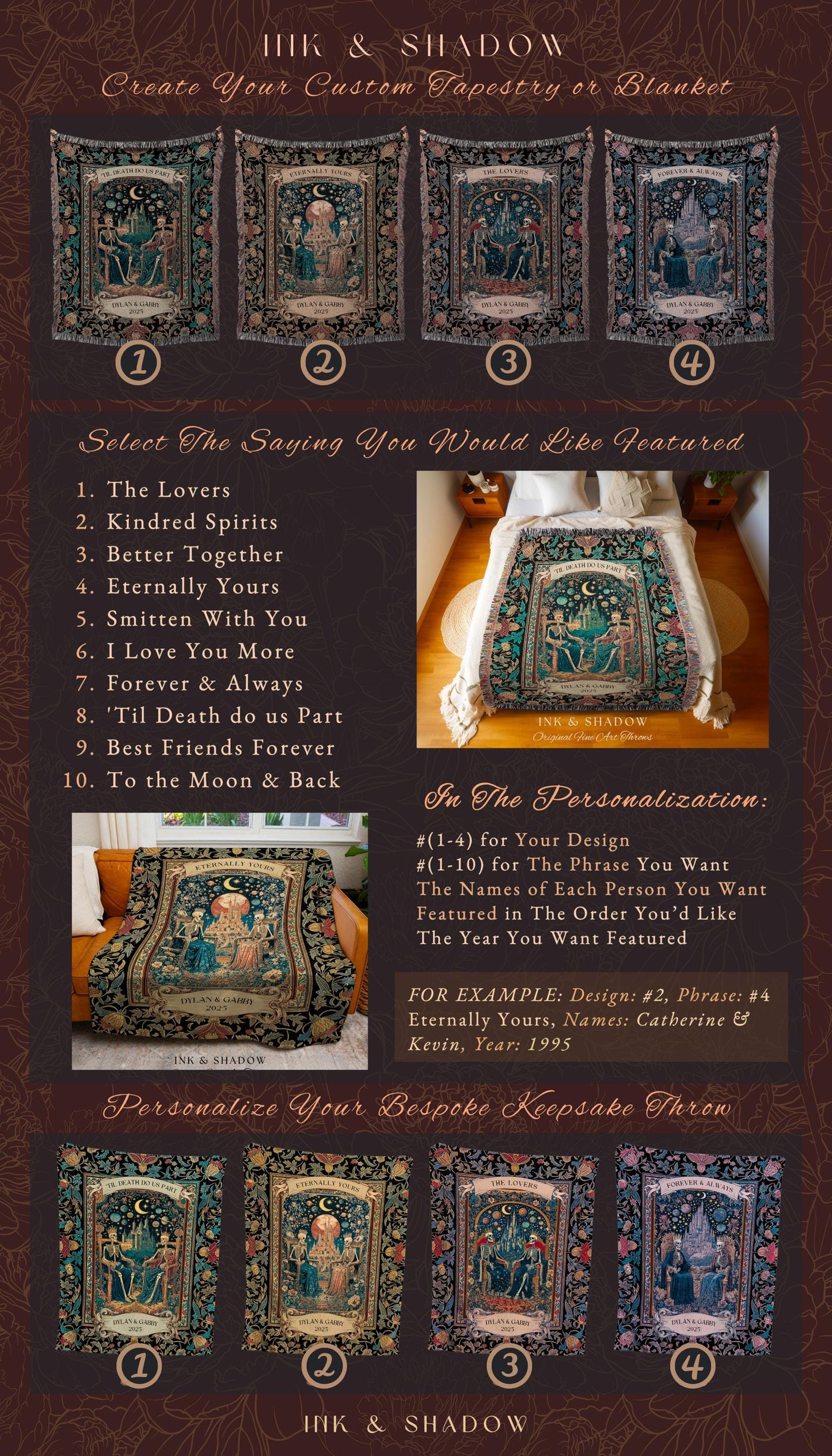 Celestial Skeleton Lovers Custom Throw | Dark Academia Castle Fantasy Whimsigothic Personalized Couple Fairytale Floral Magic Aesthetic Gift