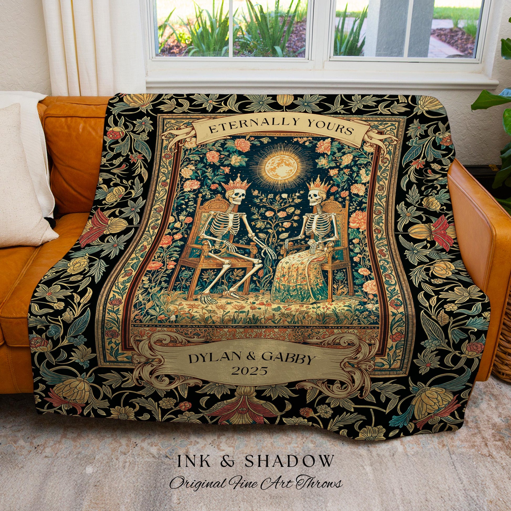 Mystic Lovers Skeleton Custom Throw | Baroque Anniversary Couple Gothic Magic Celestial Aesthetic Sunlit Throne Mystical Floral Blanket |