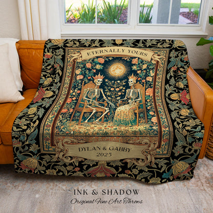 Mystic Lovers Skeleton Custom Throw | Baroque Anniversary Couple Gothic Magic Celestial Aesthetic Sunlit Throne Mystical Floral Blanket |