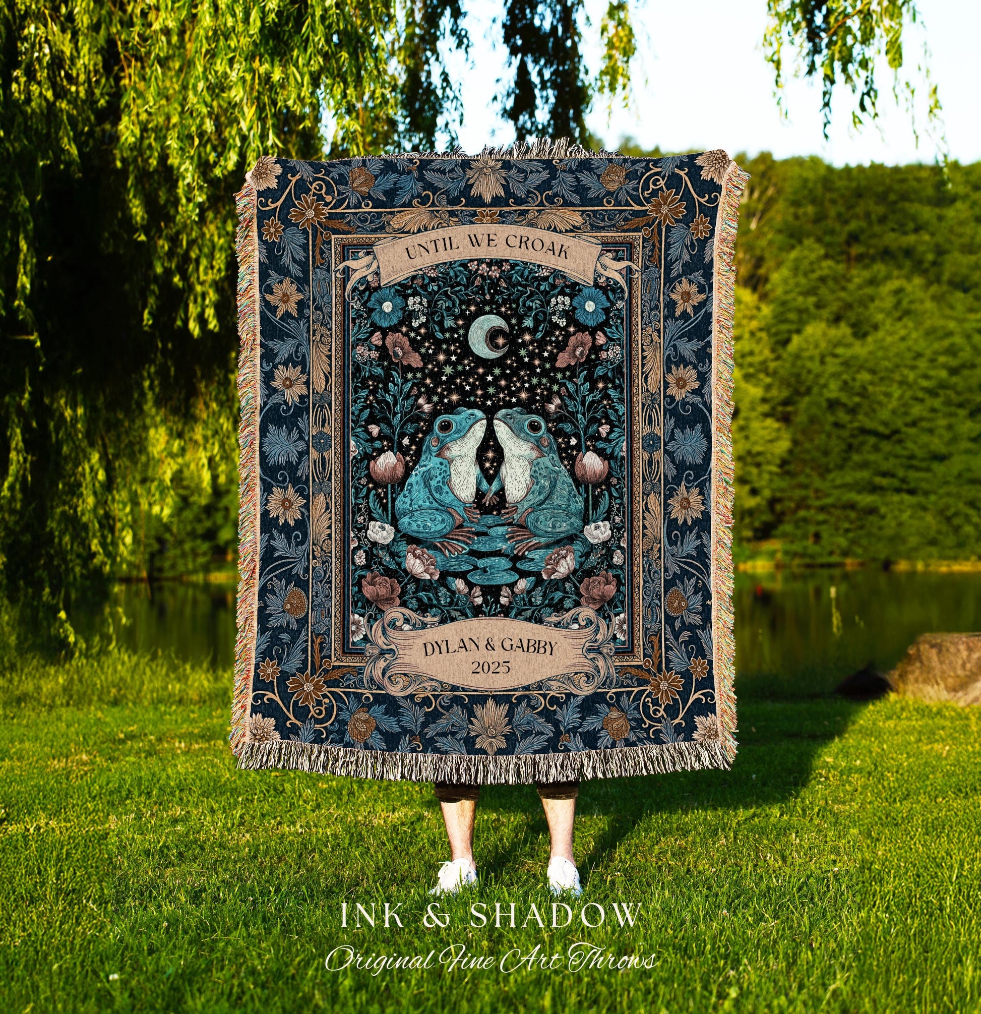 Witchy Wedding Frog Lovers Custom Throw | Enchanted Toad Mystical Cottagecore Personalized Blanket Fairycore Woodland Couple Custom Tapestry