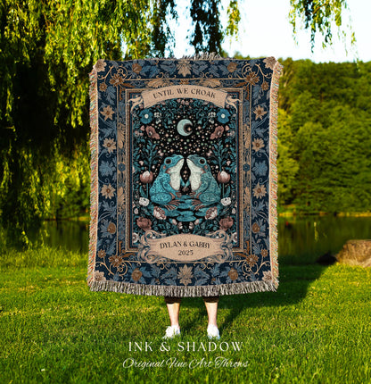 Witchy Wedding Frog Lovers Custom Throw | Enchanted Toad Mystical Cottagecore Personalized Blanket Fairycore Woodland Couple Custom Tapestry