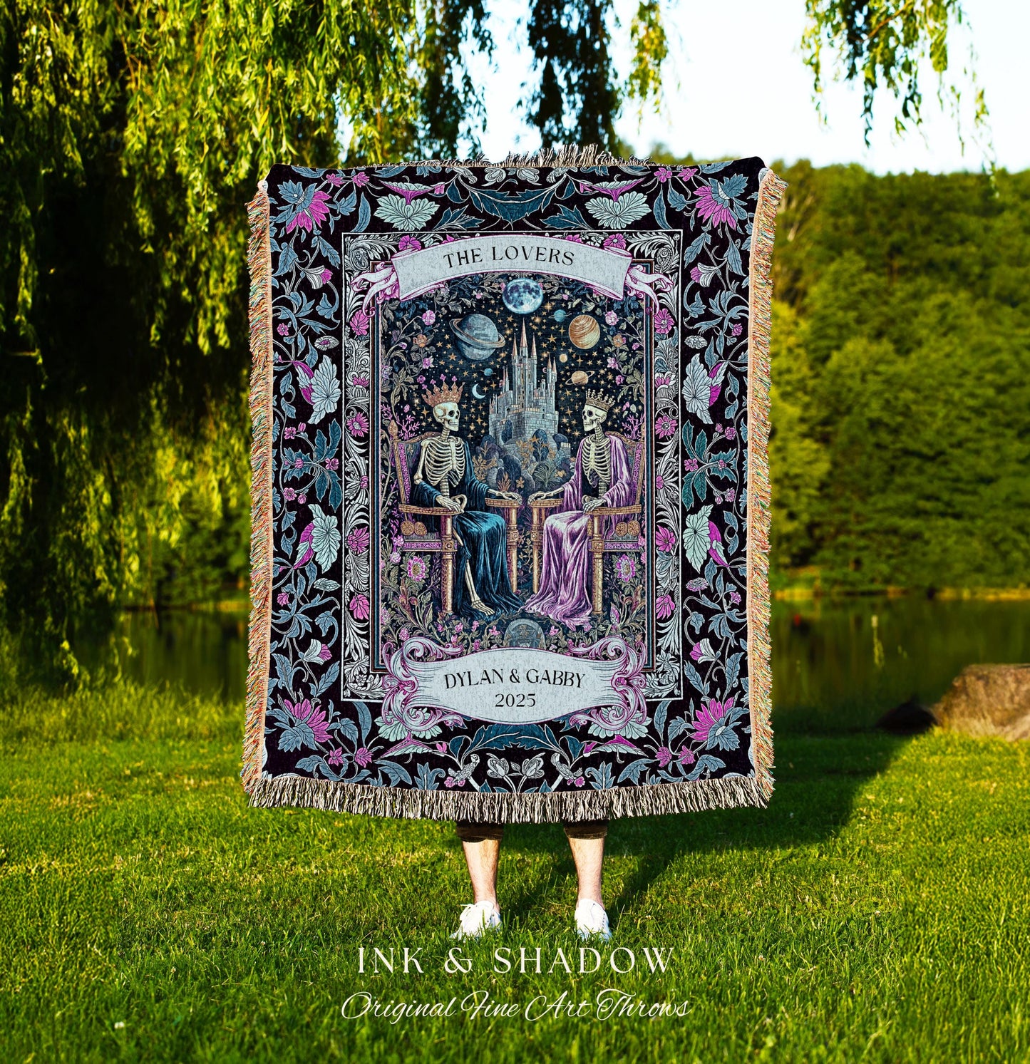 Personalized Skeleton Throne Celestial Throw | Whimsical Baroque Lovers Gothic Fairytale Custom King & Queen Ethereal Floral Aesthetic Gift