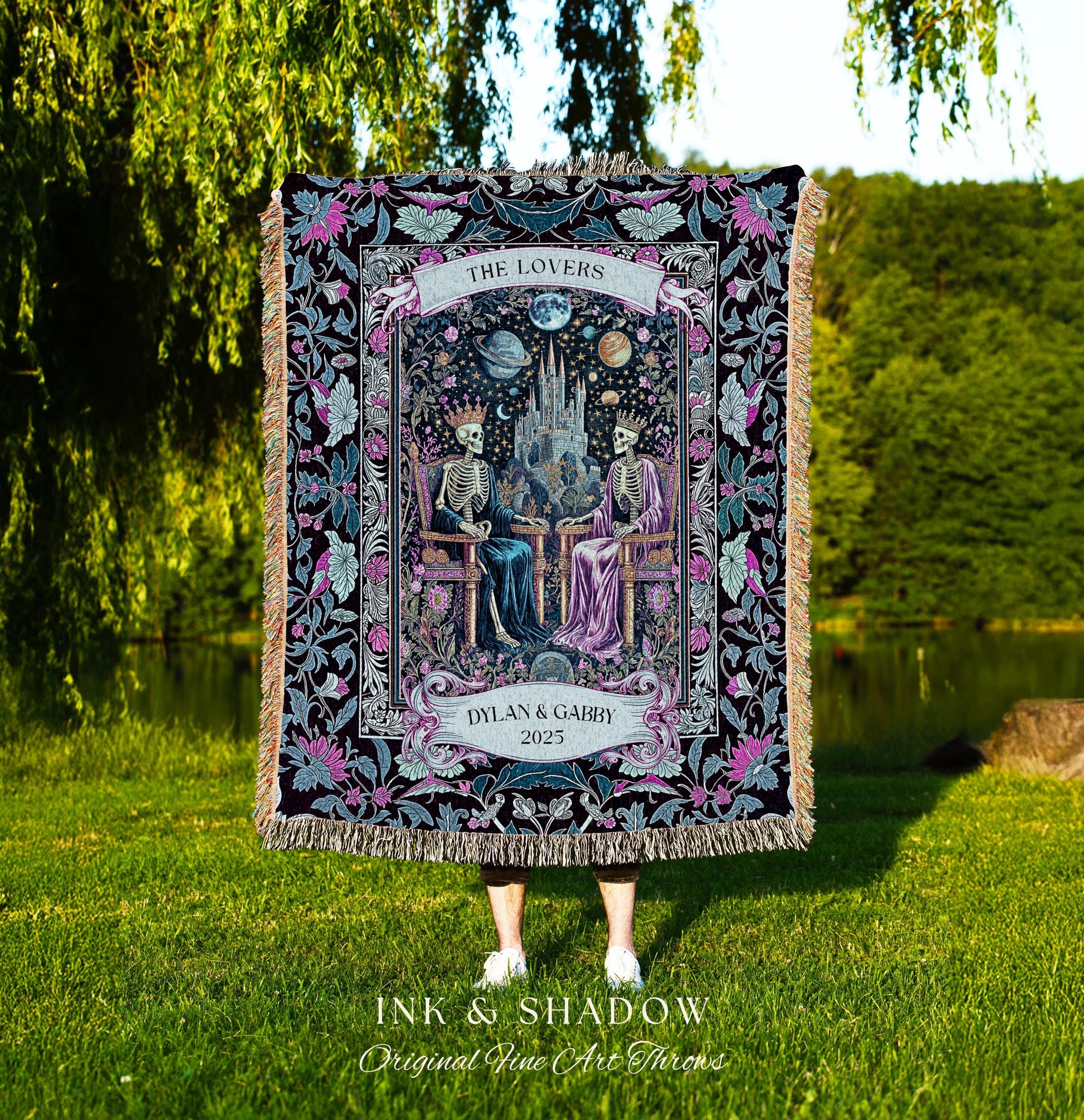 Personalized Skeleton Throne Celestial Throw | Whimsical Baroque Lovers Gothic Fairytale Custom King & Queen Ethereal Floral Aesthetic Gift