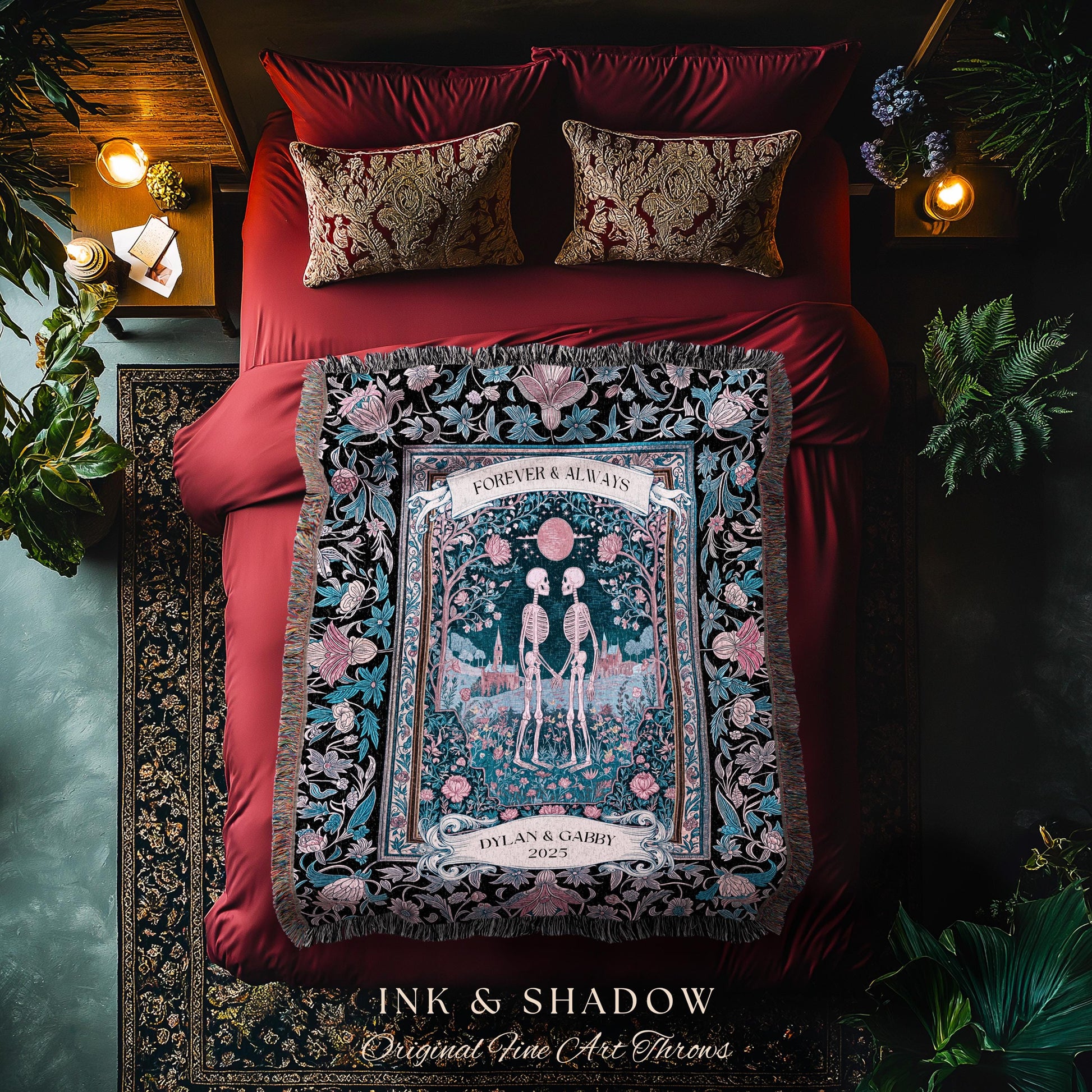 Rosy Royal Skeleton Garden Lovers Tapestry | Whimsigothic Spooky Season Anniversary Dark Academia Personalized Witchy Cottagecore Aesthetic