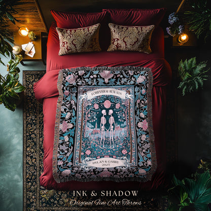 Rosy Royal Skeleton Garden Lovers Tapestry | Whimsigothic Spooky Season Anniversary Dark Academia Personalized Witchy Cottagecore Aesthetic