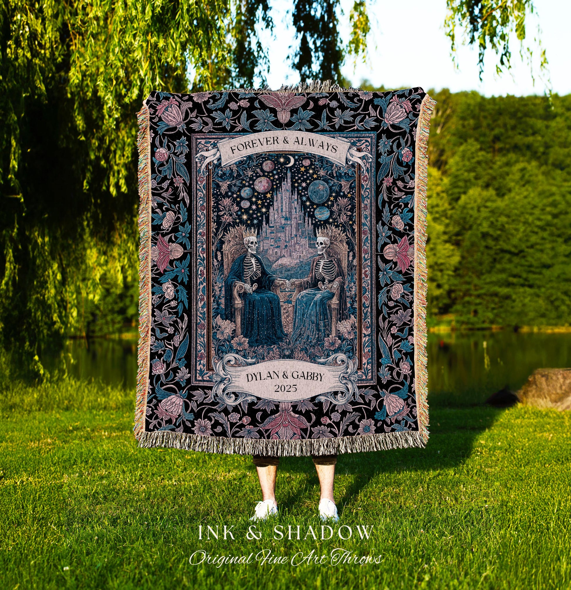 Celestial Skeleton Lovers Custom Throw | Dark Academia Castle Fantasy Whimsigothic Personalized Couple Fairytale Floral Magic Aesthetic Gift